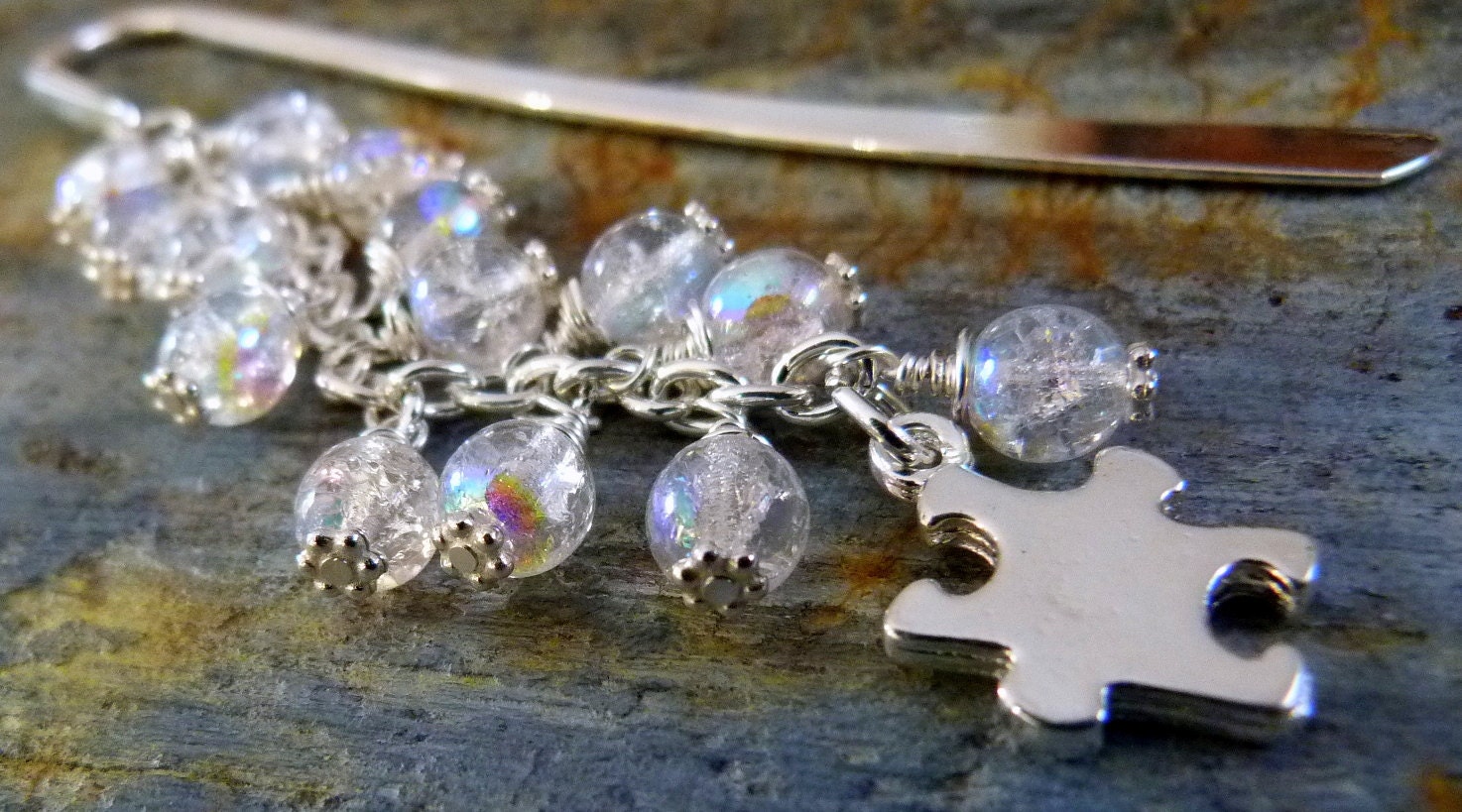 Autism Puzzle Awareness Piece Beaded Metal Bookmark & Quartz Crystal