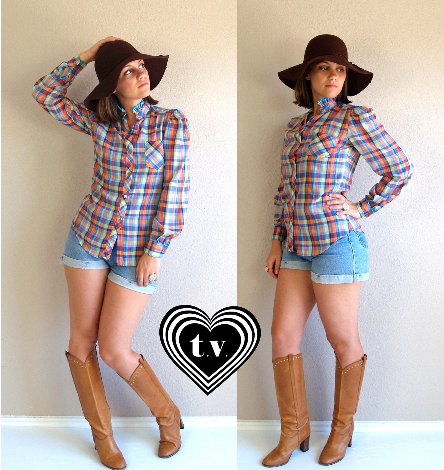sale vtg 70s RAINBOW PLAID fitted puff sleeve BLOUSE top shirt Small colorful boho