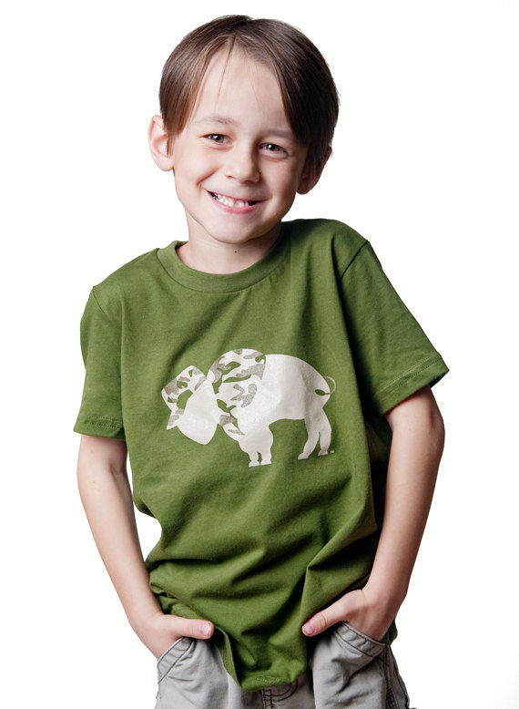 Toddler T-shirt or Youth T-shirt Vet Camouflage Buffalo Art for kids Olive