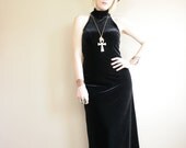 90s Sleeveless Black Velvet Cut Out Fitted Hour Glass Maxi Dress