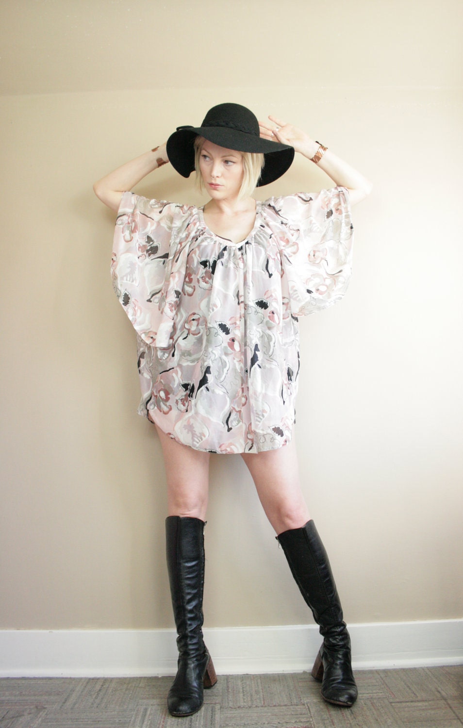 Sheer Watercolor Floral Draped Flutter Angel Sleeve Babydoll Blouse Mini Dress