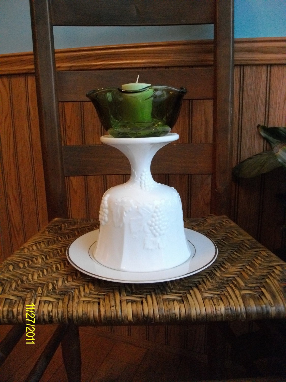 Recycled Glass Totem Candle Holder, Recycled Vintage White Milk Glass