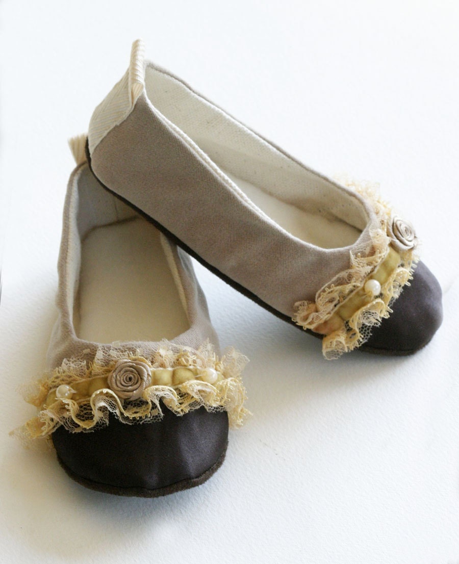 Toddler Shoes, Couture Ballet Flats, Beige with Chocolate Satin Toes, Shabby Chic Trim, Baby Shoe Sizes too - Baby Souls Baby Shoes