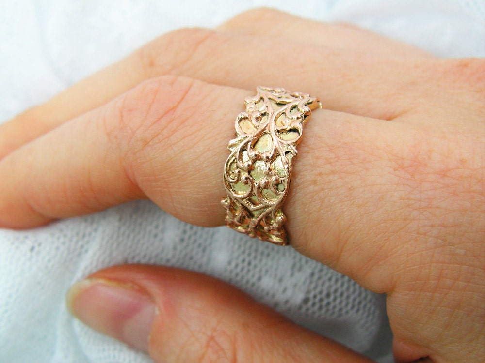 Yellow and Rose gold floral design ring  -  wedding band (gr-9220). romantic gift for her, birthday gift ideas