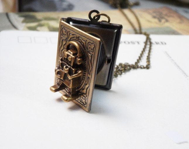Robot Book Locket, Simple Necklace, Photo Jewelry