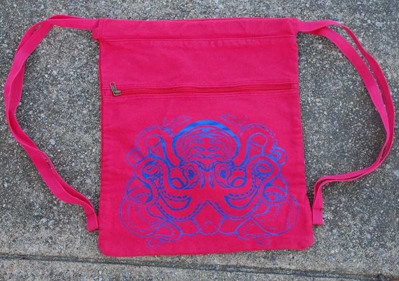 Blue Octopus Red Canvas Cinch Sack Bag