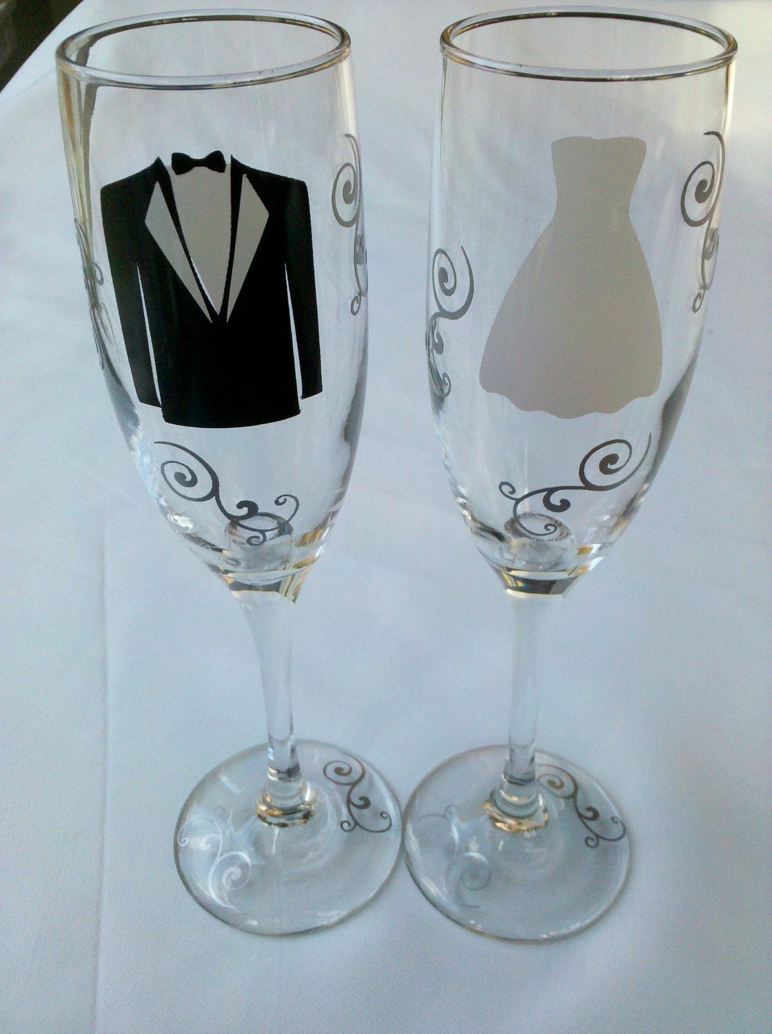Wedding champagne flutes, Personalized Bride dress and Groom tuxedo champagne glasses or wine and beer glasses set of 2