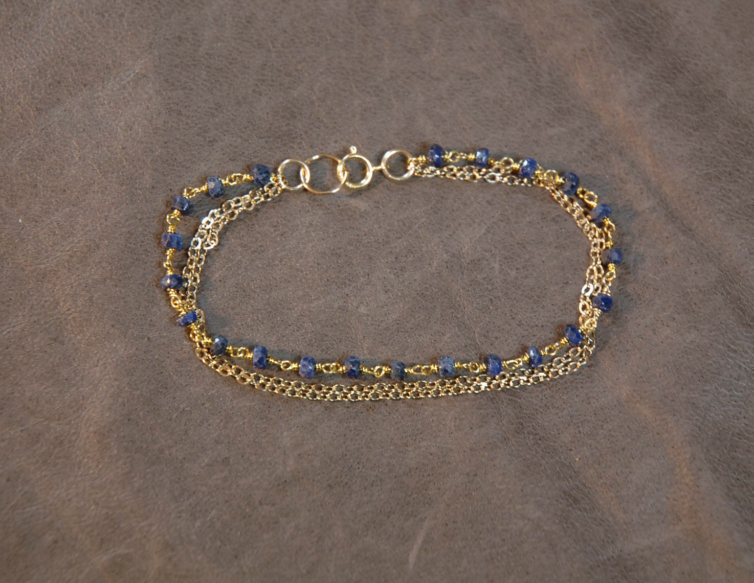 Small blue sapphire gemstone bead chain bracelet with two antique gold chain - delicate jewelry for bridal or eveyday