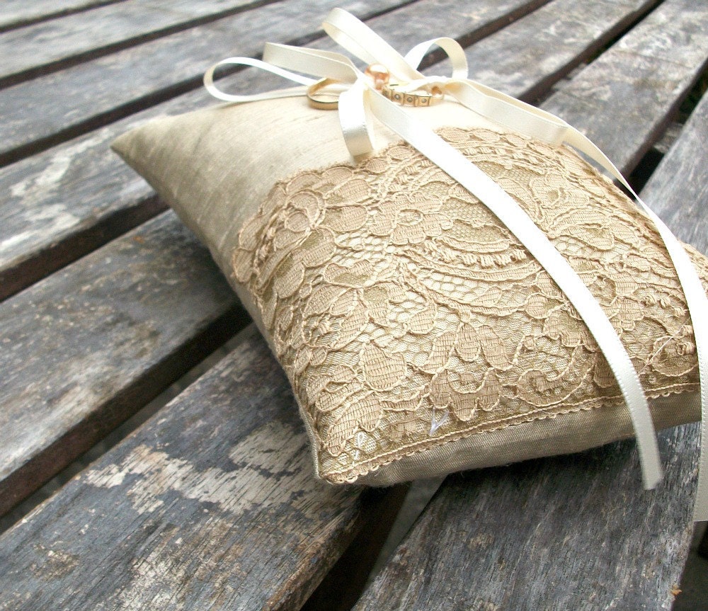 Ring Pillow, Wedding ring Cushion in Champagne Raw  Silk With a Strip of Vintage  Golden Brown Lace