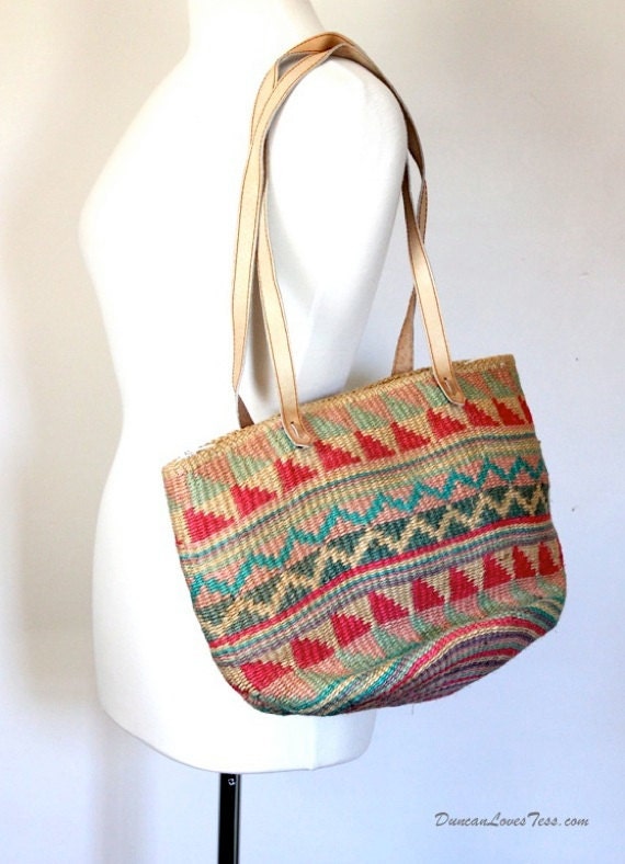 Vintage Market Tote / Ikat Straw Rafia Leather / Boho Hippie Music Festival Beach Bag