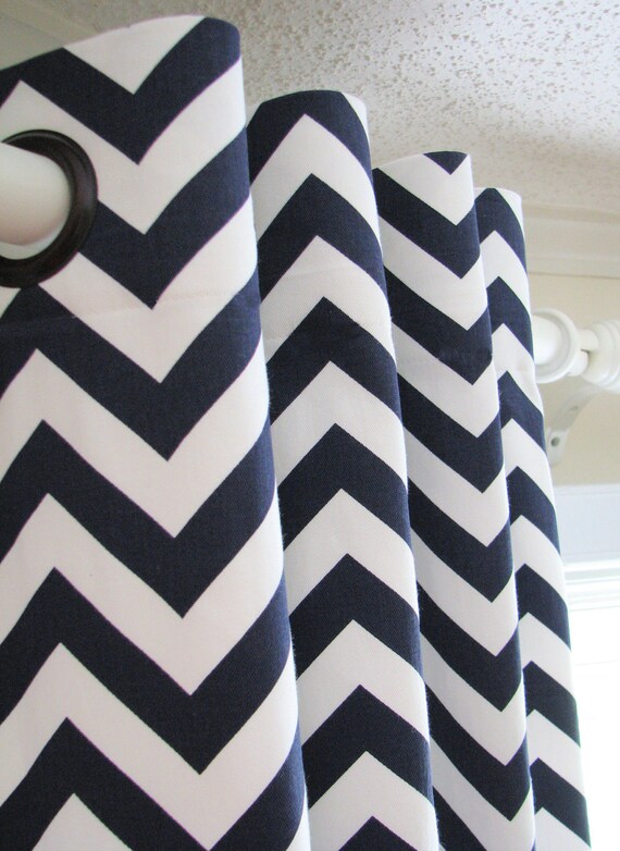 Designer Curtains - Pair of Decorative Designer Custom Curtains Drapes 50 x 96 Navy Blue and White Chevron Zig Zag with Grommets