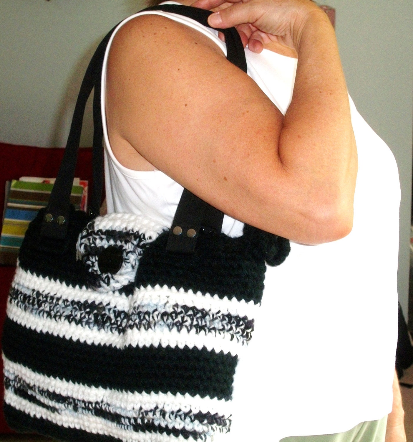 Purse Crocheted Black and White Sriped, OOAK, Lined, Drawstring, Clasp,Handles, and Button