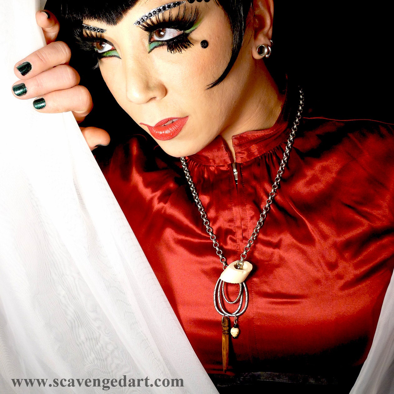 Real Bone Necklace Vintage Carved African Wood Horn,Carved Bone Skull on Antiqued Silver Chain Gothic 35