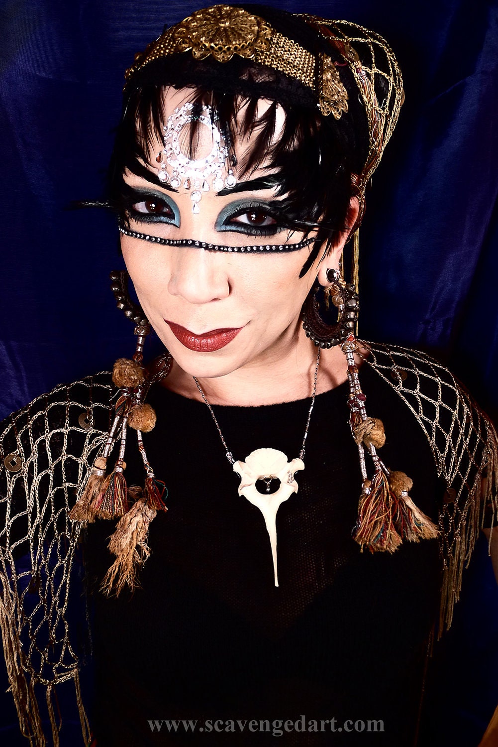 Real Bone Necklace Sexy Rhinestones Vintage Foil Lined Glass Bugle Beads Tribal Primitive Necklace 148