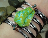 Bracelet - Green Turquoise  Blue Agate Gemstone Copper Wire Wrap Black Cuff Jewelry Bracelet - Free Shipping