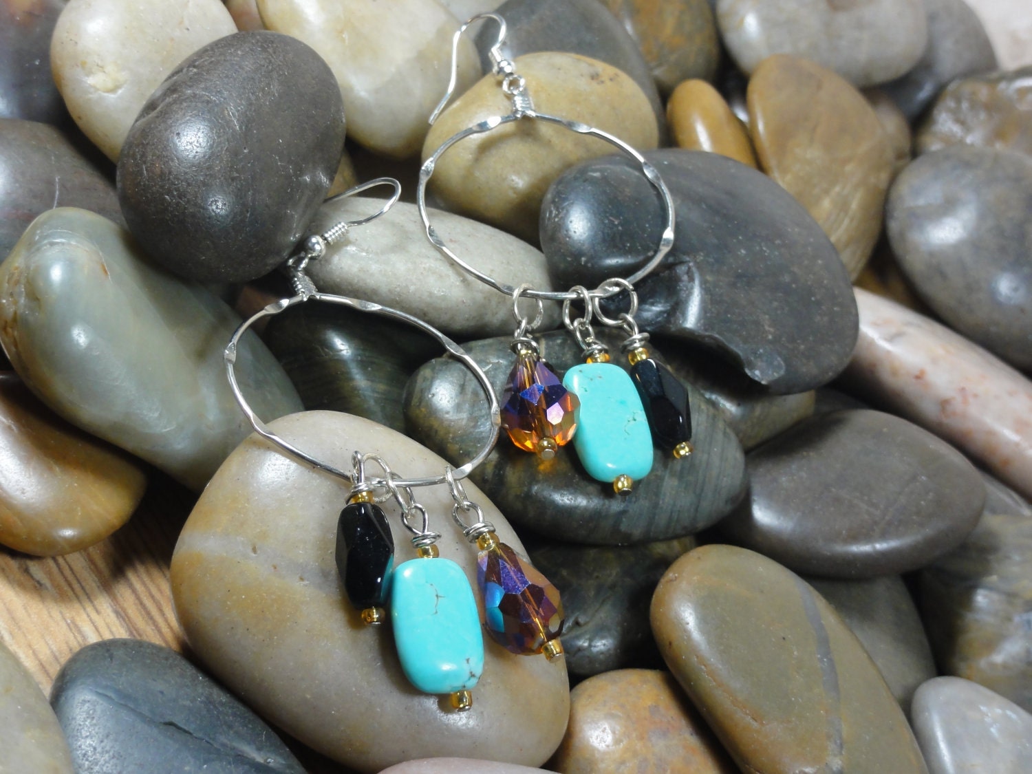 EARRINGS - Silver Hoop Turquoise Amber Black Faceted Bead Dangle Jewelry Earrings - Free Shipping