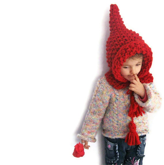 Red Elf Pointed Wool Hat, Bulky Chunky Wool Elfish Kid Knit Hat, ELFICA, Hood and Shawl by Solandia - in More Colors now