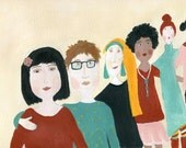 Little Women - original illustration on paper  women figures  whimsical art colorful wall art