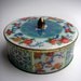 Vintage light blue round tin can with bullet point - perfect for storing buttons, tea bags or baubles.