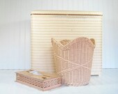 Coordinating Blush Pink Wicker Hamper, Waste Basket and Metal Tissue Holder - Vintage 3 Piece Collection - Cottage Chic Boudoir Accents