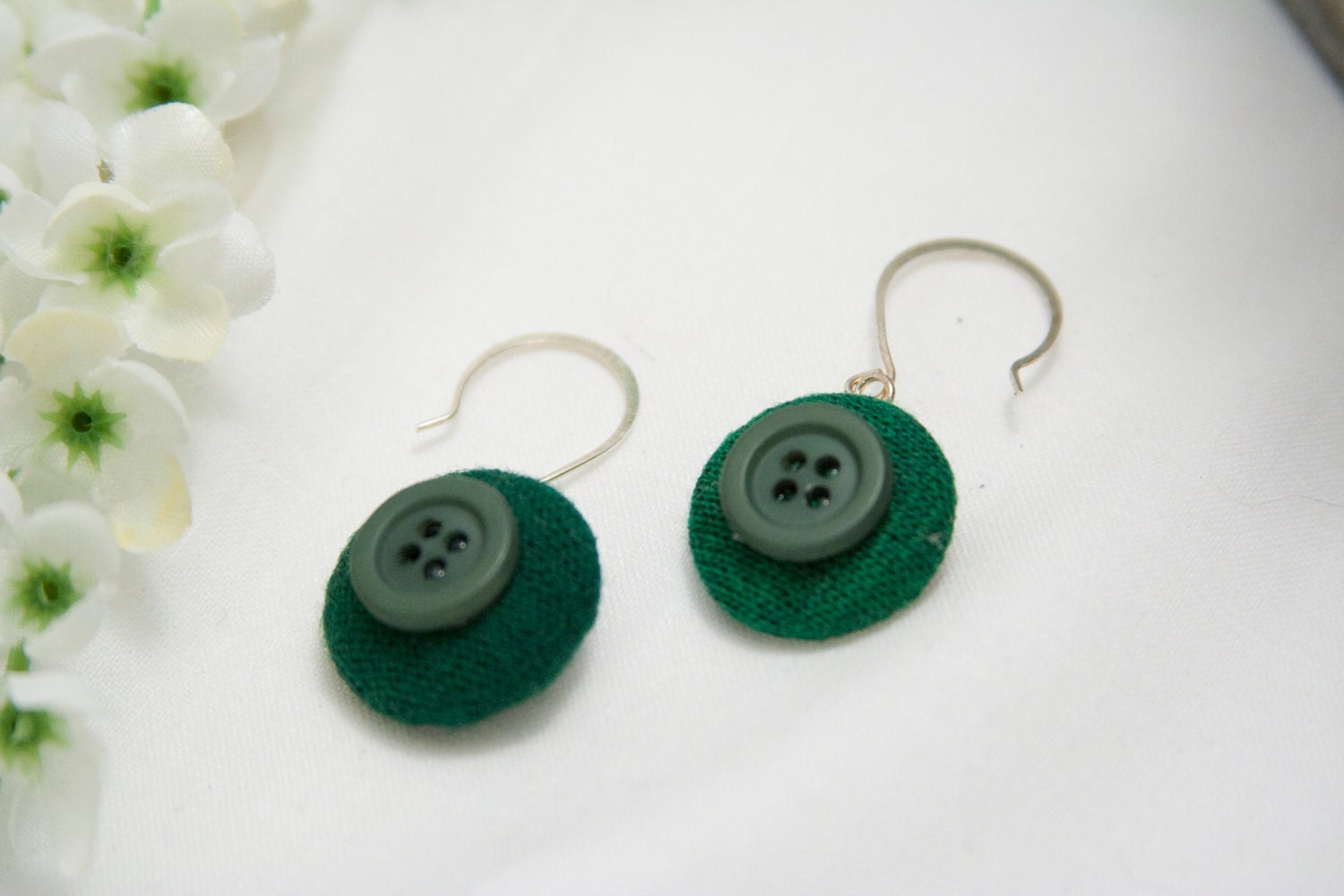 Green Dangle Earrings - made from cloth covered vintage buttons