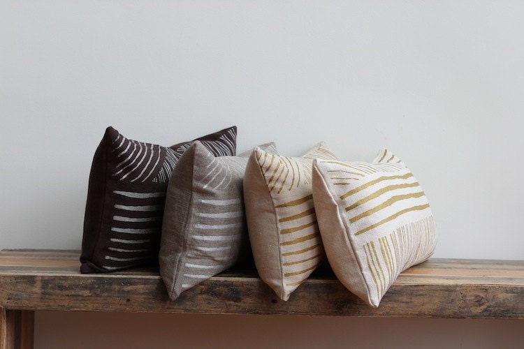 Karnataka metallic silver hand printed on brown organic hemp pillow cover 12x21