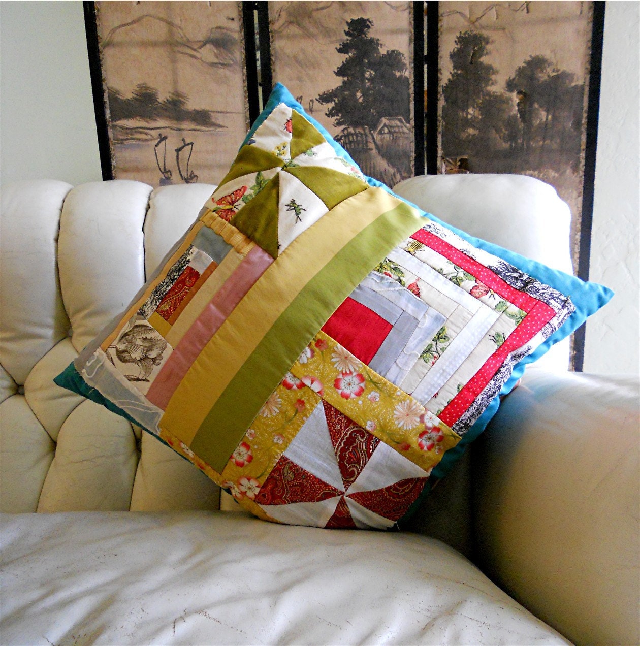 Handmade Patchwork Pillow, Eclectic Quilt Pillow