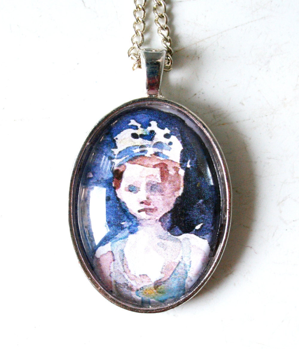 Blue fairy pendant necklace. Princess necklace. Wearable watercolor painting. Girl jewelry.