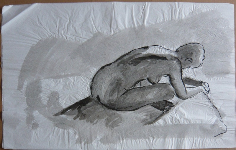 Sketch of a young woman, original drawing, ink wash, 25" x 38"