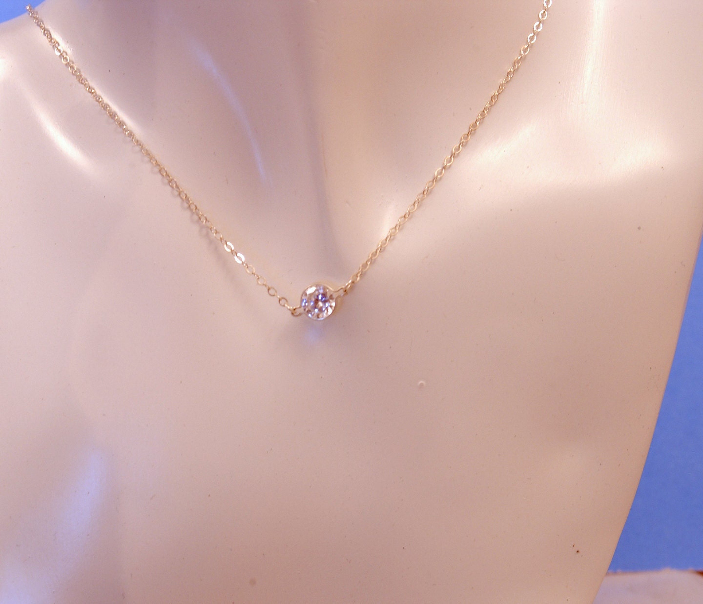 Diamond Solitaire Necklace, CZ Necklace, Bridal Choker, Simple Elegant Necklace, Sterling Silver Cable Chain, Wedding Jewelry
