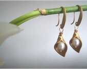 Golden Cala Lily Earrings  -16K goldplated brass calla flowers freshwater pearls lily of the valley gift for her idea mother nature lover