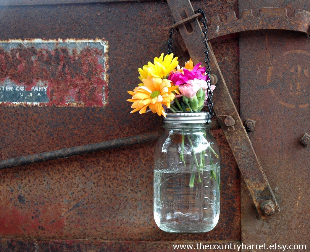 Hanging Mason Jar Flower Vase With Frog Lid