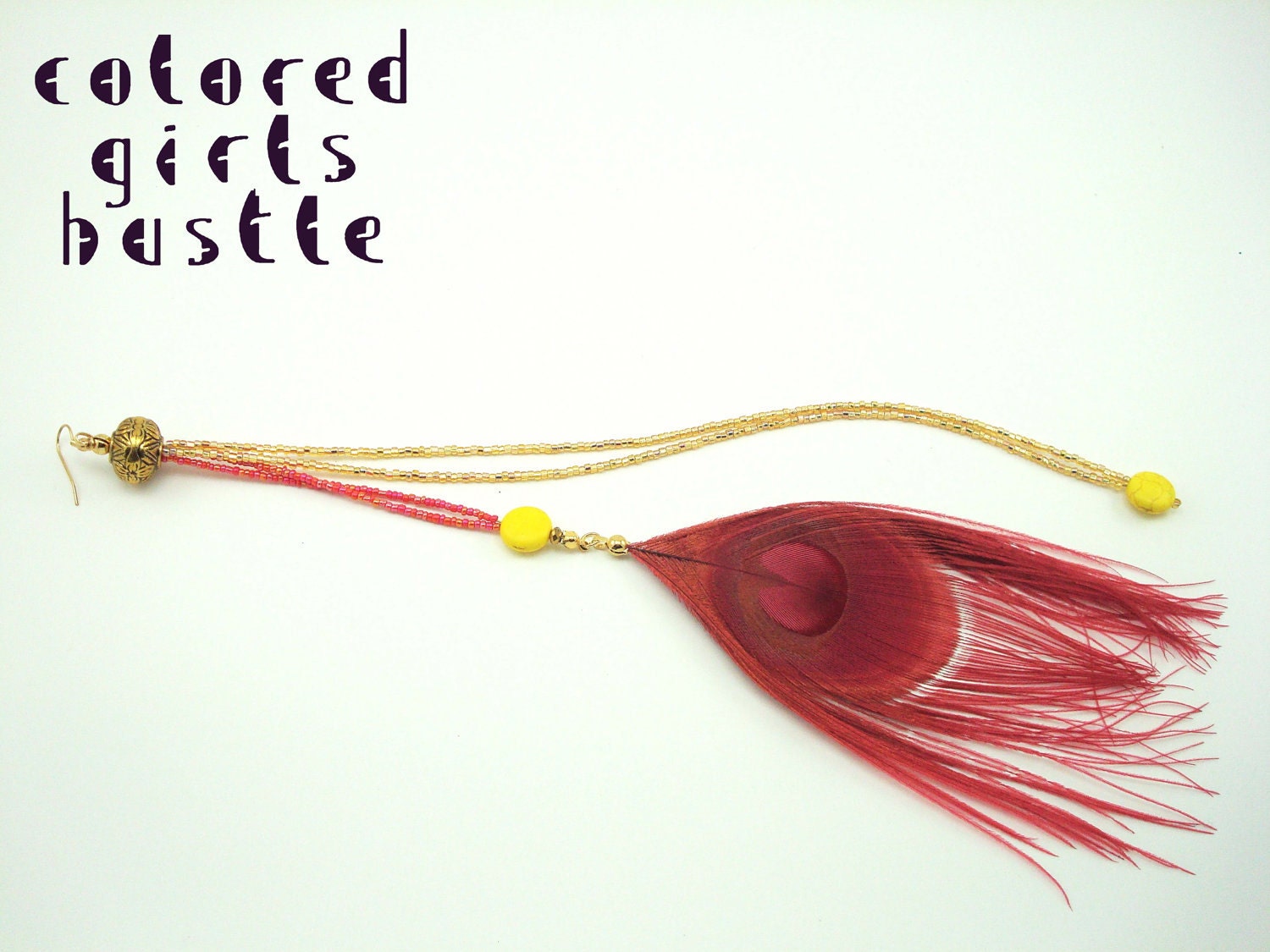Epic CLEARANCE sale: Long Solo Peacock Feather Earring - Pinky Red