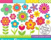 Happy Flowers - Digital paper and clip art set - 58 png images