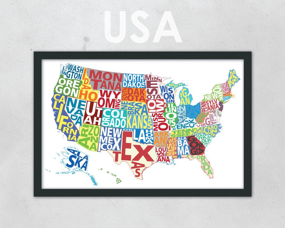 Typography Map of the United States - Multi-Colored - 11 x 17" Print