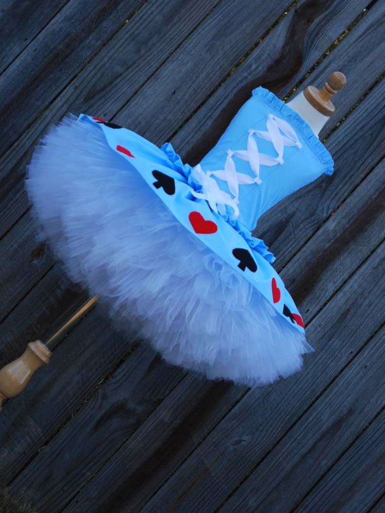Custom Alice in Wonderland tutu dress corset set made to fit your daughter in a size 12 months through 5T. Larger sizes available