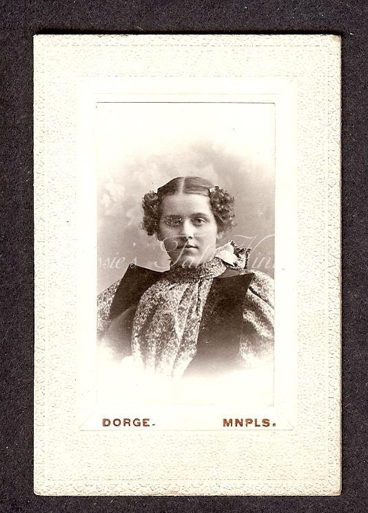 ON SALE Vintage Photo - Young Woman in Fancy Dress with Puffy Arms & Bodice, Center Part, Curly Hair - mini CDV, Dorge, Minneapolis 1800s