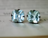 Vintage Czech Crystal Glass in Oxidized Brass, Wedding Jewelry, Cushion Cut, Square Stud Earrings