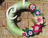 Spring Wreath Light Green Pinks Blues Polkadot Ribbon and Felt Flower Wreath 12"