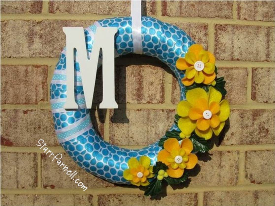 Spring Wreath Light Blue Polkadot Ribbon and Yellow Felt Flower Wreath Monogram 12"