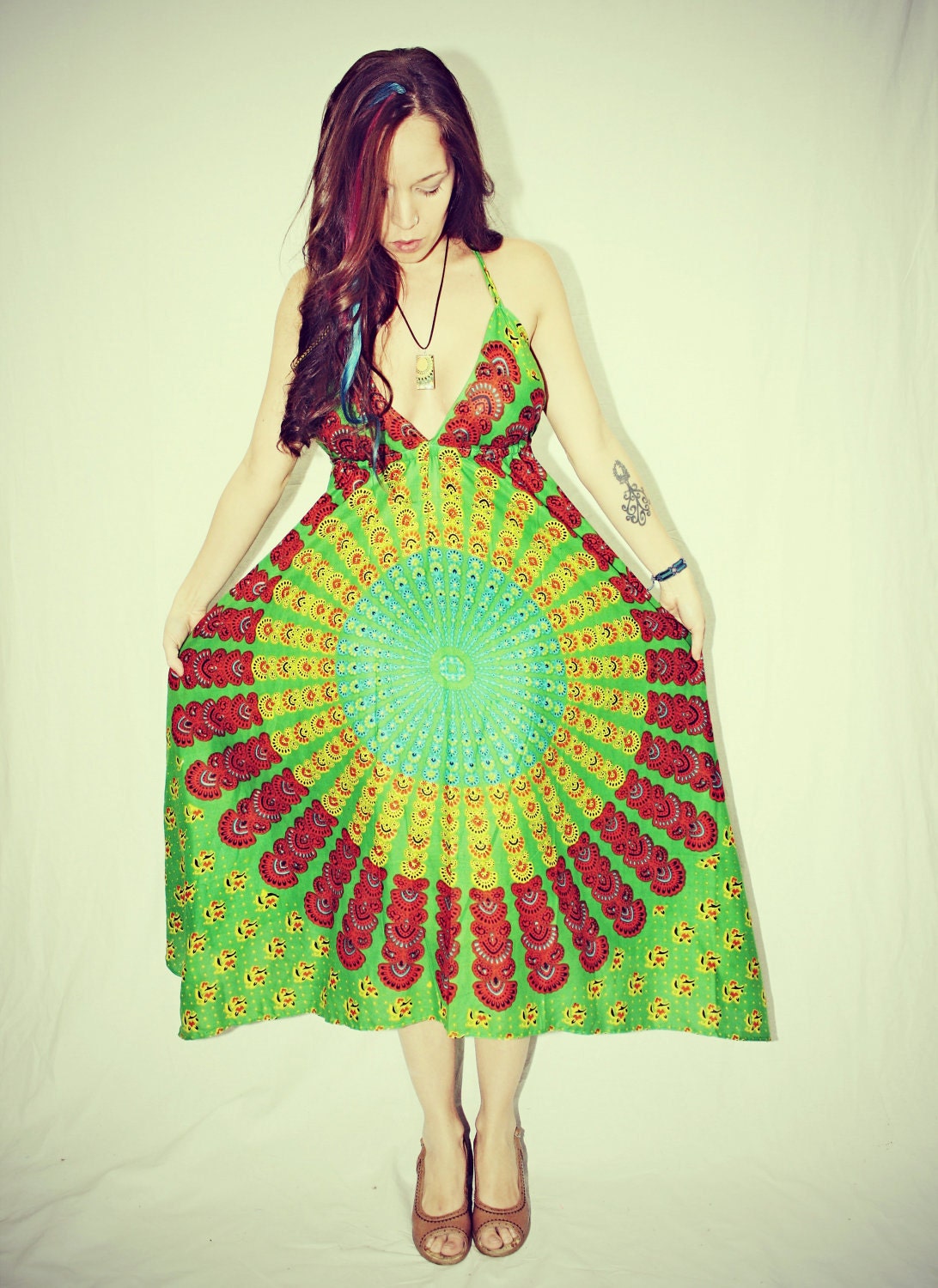 Handmade Green Bohemian Dress, Long, Organic, Hippie Dress, Tapestry, Sundress, Scarf Dress, Chakra, Fairy Dress, XS, Small