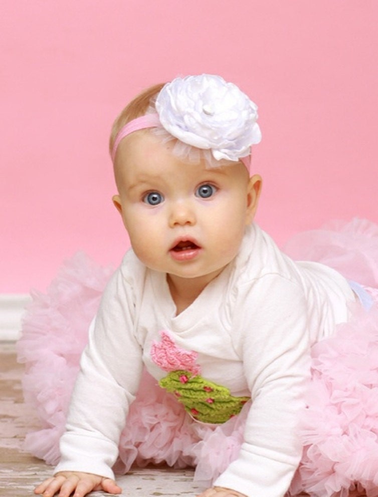 Baby White Flower Headband "GEORGIA" - White & Pink Flower Girl Fabric Flower Headband - Tulle - SadieBloomDesigns