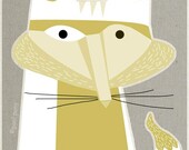 white fox, mid century design, art print, A4 size