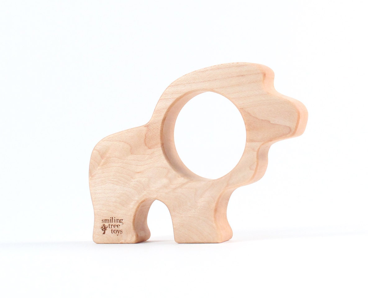 organic wooden lion teething toy - a natural wood jungle animal toy, eco-friendly infant, baby, or toddler