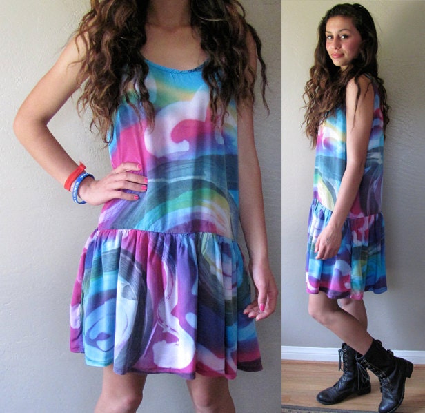 Price Reduced - 1980's 1990's Drop Waist Swirly Dress - Colorful Rayon - Grunge - Oversized - Boxy