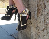 Black, Gold, Chain, and Studded, Cut-Out Booties (Custom Heels)