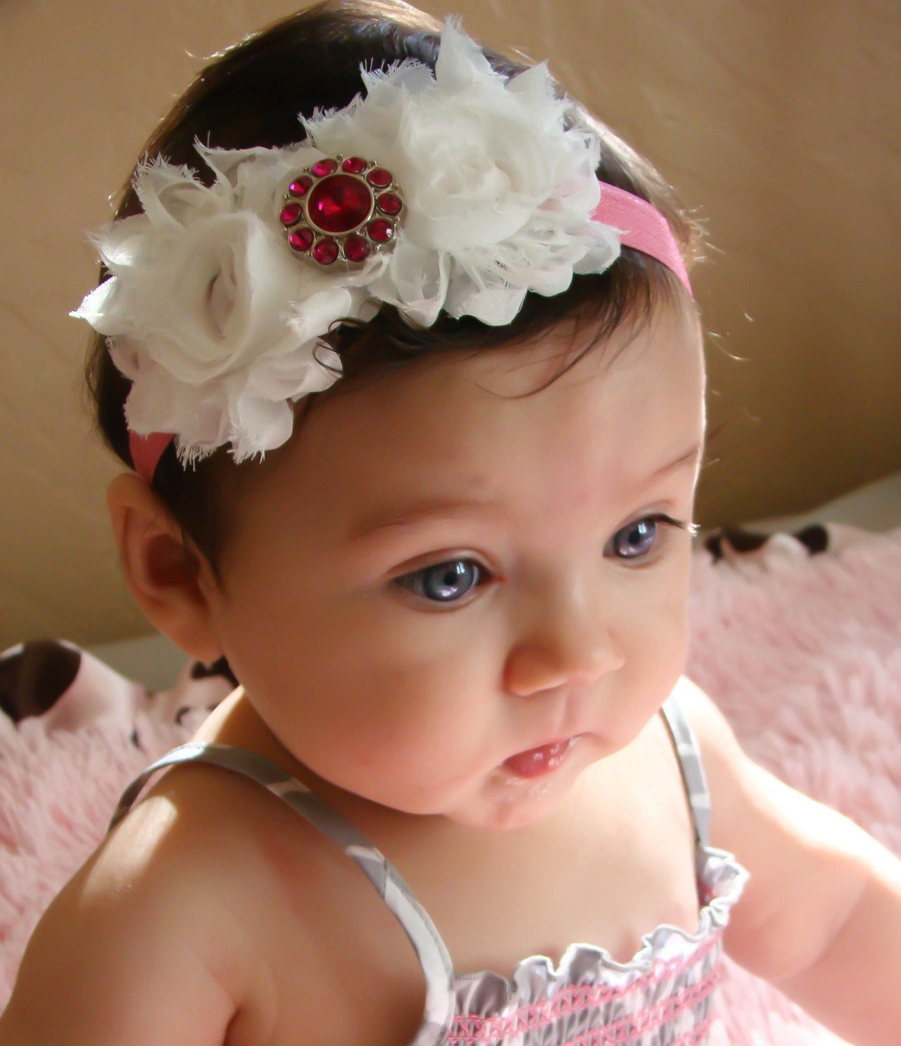 20% off entire order...White rosette rhinestone flower on Pink headband, baby headbands, newborn headbands, infant, toddler, adult