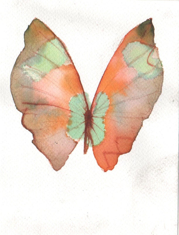SPRING SALE Pale green and orange butterfly original watercolour painting