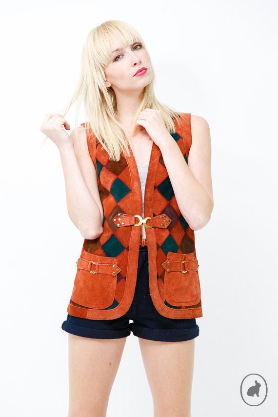 Hippie Patchwork Leather Vest - Orange Rust Color - Genuine Leather- Made in Spain