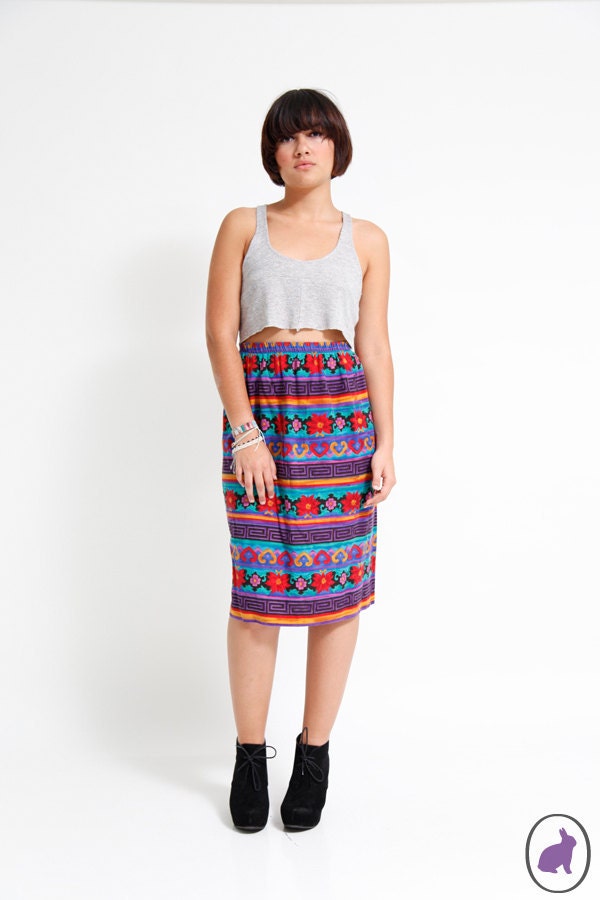 Vintage 90s Tribal Printed Skirt - Boho Tube Top Mini Dress - Spring Summer Fashion - Size 10 Large